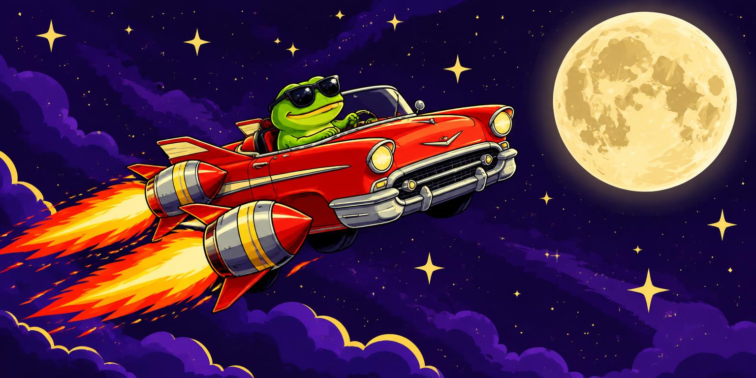 Frog in sunglasses driving a rocket car to the moon